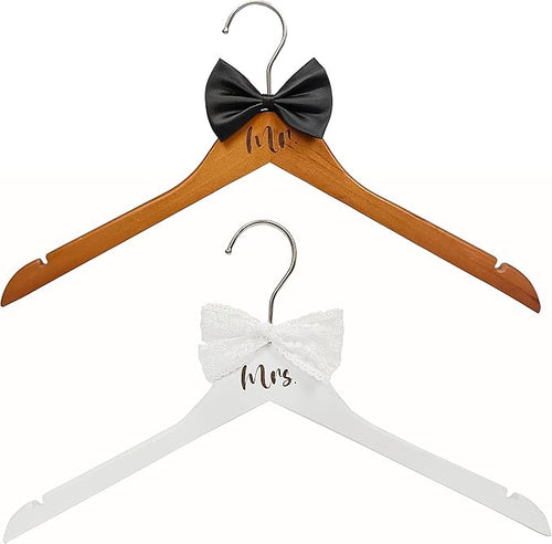 Mr. and Mrs. Wooden Bride Hanger, Wedding Dress Hangers for Bride with White Bow - Groom's Hanger with Black Bow Tie - Set of 2 (White + Vintage)