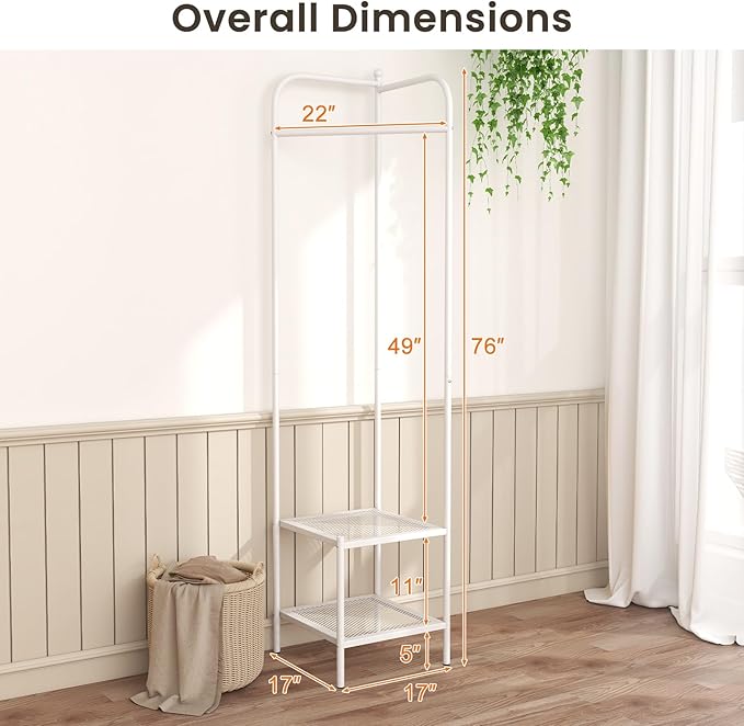 Tangkula Corner Coat Rack with Storage, Simple Hall Tree with Hanging Rod & 2 Mesh Shelves, Anti-toppling Devices, Freestanding Metal Clothes Rack Shoes Shelf Organizer for Entryway Bedroom (White)
