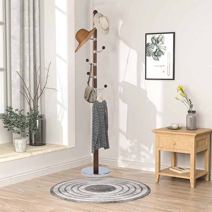 Wooden Coat rack freestanding, Coat racks stand with 6 Hook, Heavy duty coat tree standing Adjustable Heights for Bedroom, Entryway, Hallway, Office, Metal Base (Walnut)