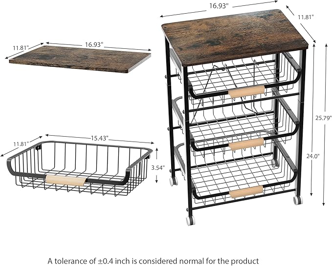 JAQ Fruit Vegetables Carts, 4-Tier Slide Out Metal Storage Baskets Stand Organizers with Wood Top and Handle on Rolling Wheels for Onions in Kitchen Pantry Fruteros para Cocina -(Black, 4 Layer)