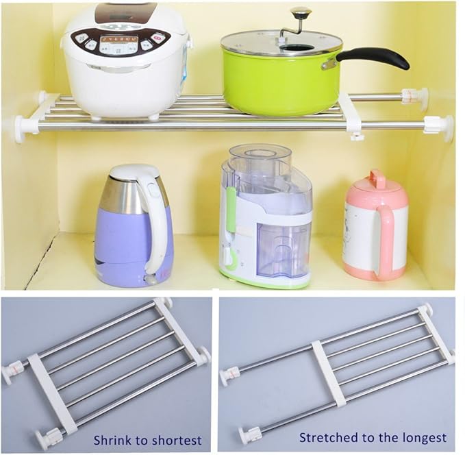 BAOYOUNI Expandable Closet Tension Shelf Storage Rack Heavy Duty Stainless Steel Adjustable Metal Organizer for Wardrobe, Cupboard, Kitchen, Bathroom Use, 19.68-31.49 Inch