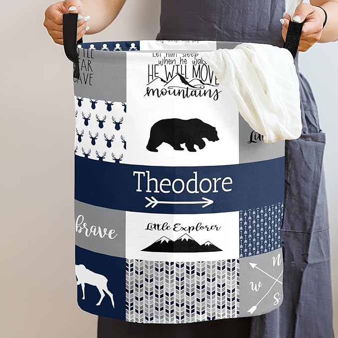 Large Custom Name Laundry Hamper, Woodland Bear Personalized Dirty Clothes Hamper Storage Basket with Name for Bathroom Bedrooms, Customized Name Circular Hamper with Handles for Baby Boys Girls
