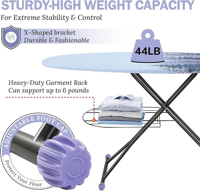 APEXCHASER Ironing Board Full Size with Iron Rest, Metal Panel Iron Board with Heat & Scorch Resistant Cover, Adjustable Height Heavy Duty Ironing Board, for Home, Dorm, 18 x 51 Purple