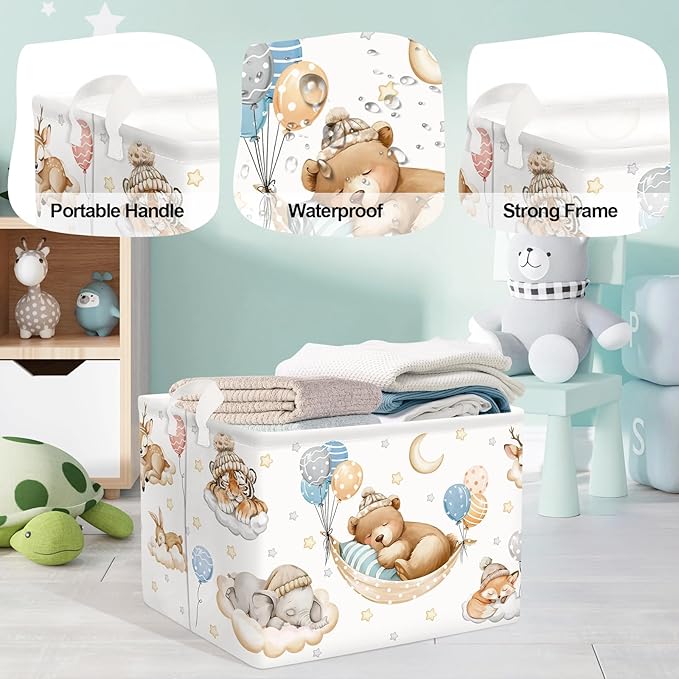 Sleeping Animals Baby Laundry Hamper Collapsible Clothes Kids Storage Basket Large Boys Girls Gift Toy Box Bin for Nursery, Bear, 36L