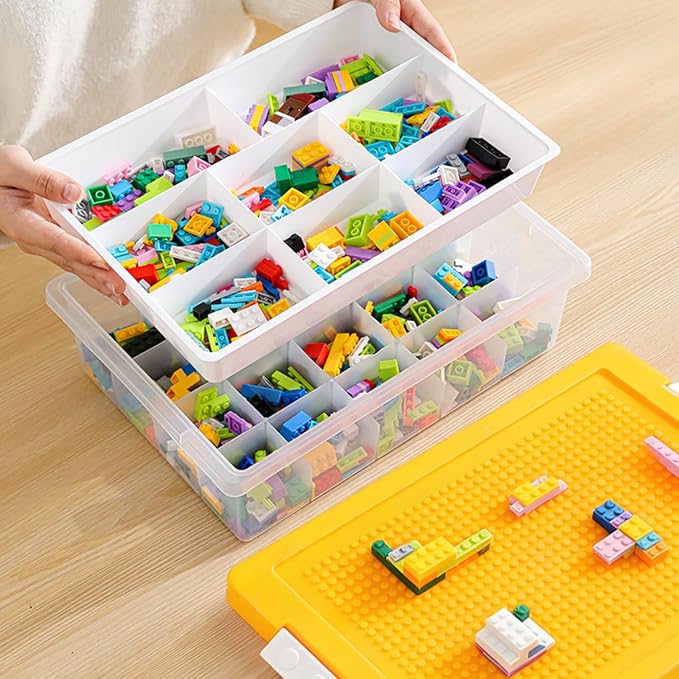 Plastic Organizer Bin, Double Layer Storage Box with Lid Cover, 30 Compartment Portable Craft Container for Home, Office