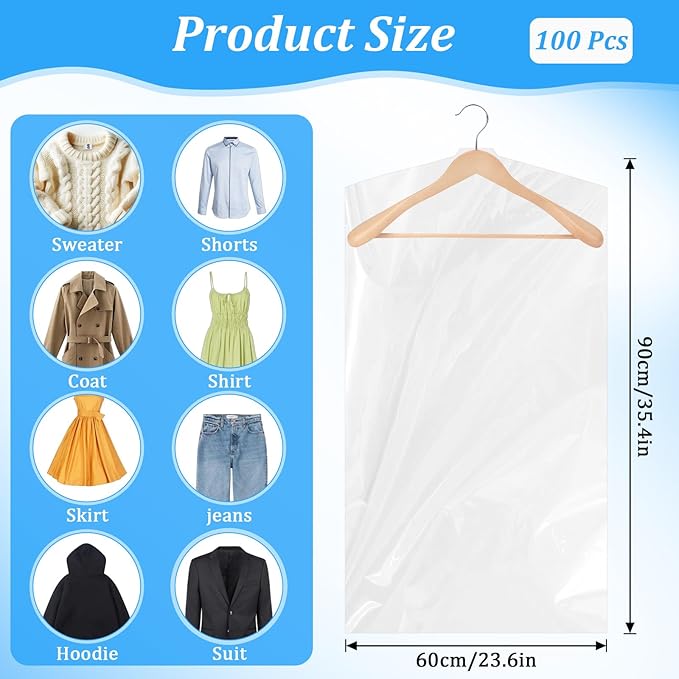 100 Pack Plastic Dry Cleaning Bags Garment Bags for Hanging Clothes Clear Dry Cleaner Covers Transparent Dust-Proof Clothing Covers for Suits Coats Uniforms Laundrette(23.6x35.4 Inch)