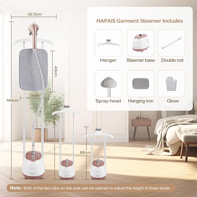 HAPAIS Steamer for Clothes,1800W Standing Garment Steamer with 30s Fast Heat,2L Tank for 1 Hour,Professional Clothes Steamers for 10 Fabric Modes,2-in-1 Flat & Hanging Ironing