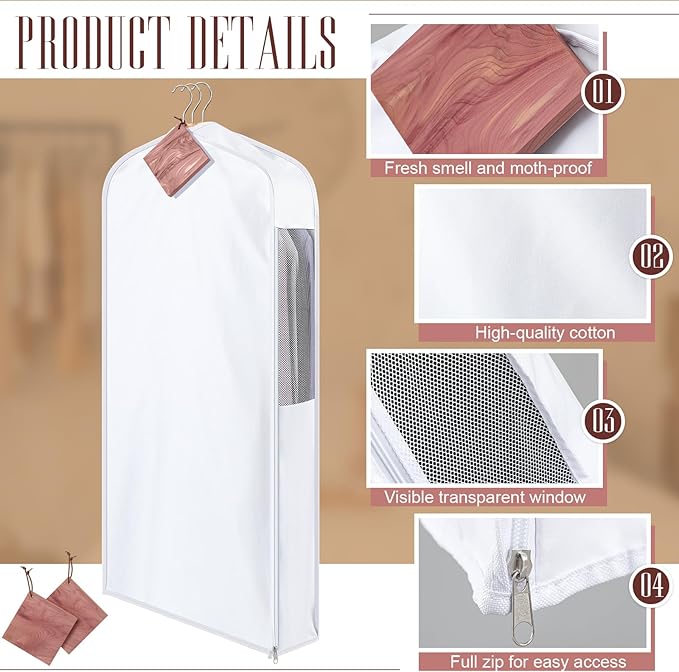 4 Pack Cotton Garment Bags with Cedar Blocks, 40'' Breathable Hanging Closet Storage Bags with Clear Mesh Window, 6'' Wide Gusset Covers for Seasonal Storage Suits, Coats & Sweaters, White