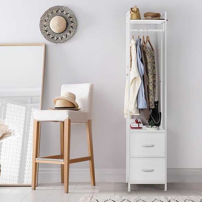 smusei Clothes Rack with Drawers Heavy Duty Garment Rack with Fabric Drawers and Storage Shelves Freestanding Clothing Rack for Bedroom Entryway Living room White