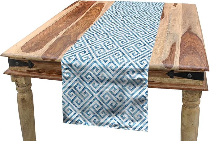 Ambesonne Geometric Table Runner, Tile Mosaic Pattern in Antique Meander and Camo Style Effect Print Modern, Dining Room Kitchen Rectangular Runner, 16" X 72", Blue White