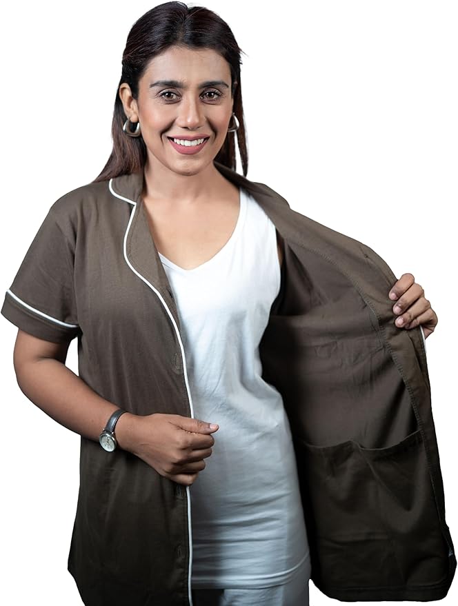 USBD Post Mastectomy Shirt with Drain Pockets Lapel Collar Post Op Button Down Recovery Tops