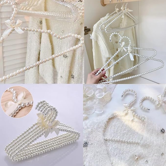 16 inch Pearl Hanger Cute Ribbon Bow Hanger Metal Elegant Clothes Hangers for Wedding Dress Photographing or Decorate Your Closet (5, Beige)