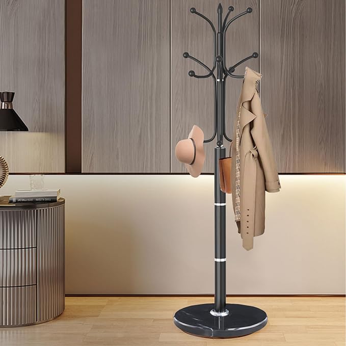 Modern Metal Coat Rack Stand, Coat Rack Freestanding with Natural Marble Base, Sturdy Heavy Duty Coat Racks with 12 Hooks, Black Coat Hall Tree Stand for Entryway, Office (12 HOOKS-Black)
