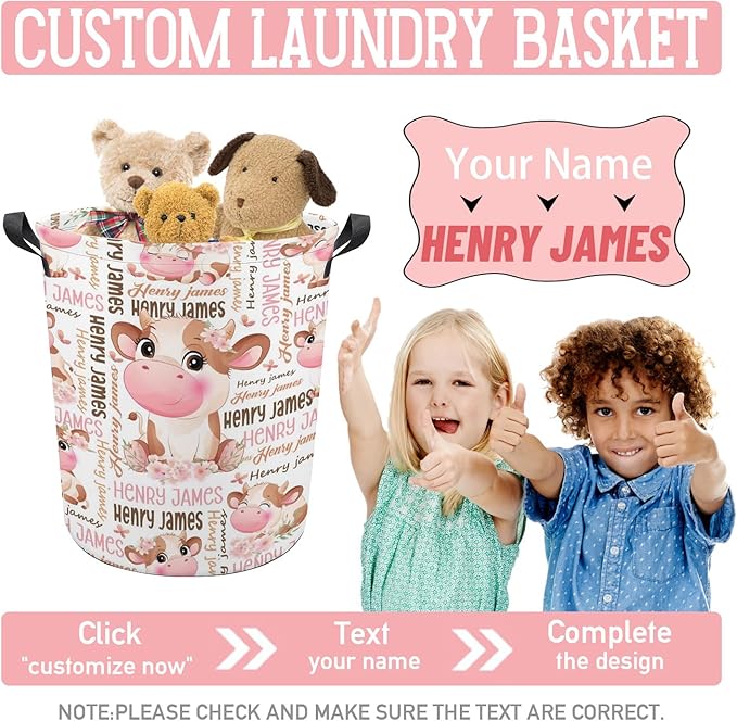Cow Laundry Basket,Personalized Laundry Hamper for Boys Girls,Custom Laundry Basket With Name, Customized Dirty Clothes Hamper for Bathroom Bedrooms,M-19.5"X 15.7"
