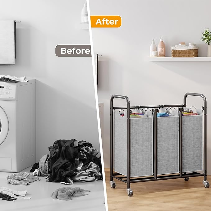 HOMEIJU 3-Bag Laundry Sorter, Laundry Hamper Cart with Heavy Duty Rolling Lockable Wheels and Removable Bags, Laundry Organizer Basket Clothes Separator Hamper, Grey