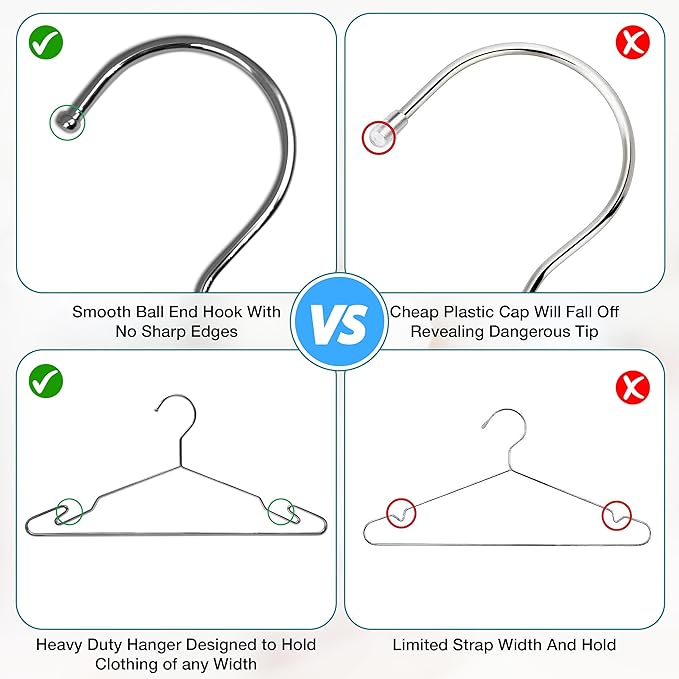 Heavy Duty Metal Hangers with Unique Hook Design Durable & Sturdy Coat Hangers 4mm Thick Withstands 25lbs Weight Smooth Powder Coated Finish Compact Shirt Hangers - 10 Pack Chrome