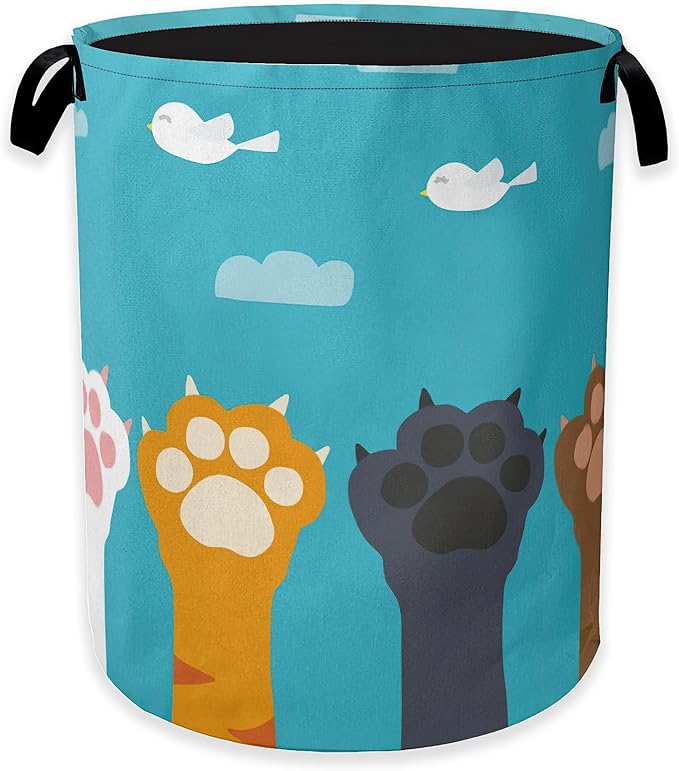 Cute Cat Paws Laundry Basket,Cartoon Birds Clothes Hamper,Oxford Cloth Collapsible Nursery Hamper Storage Organization for Bedroom,Bathroom,Office,College Dorms,16x20 Inch