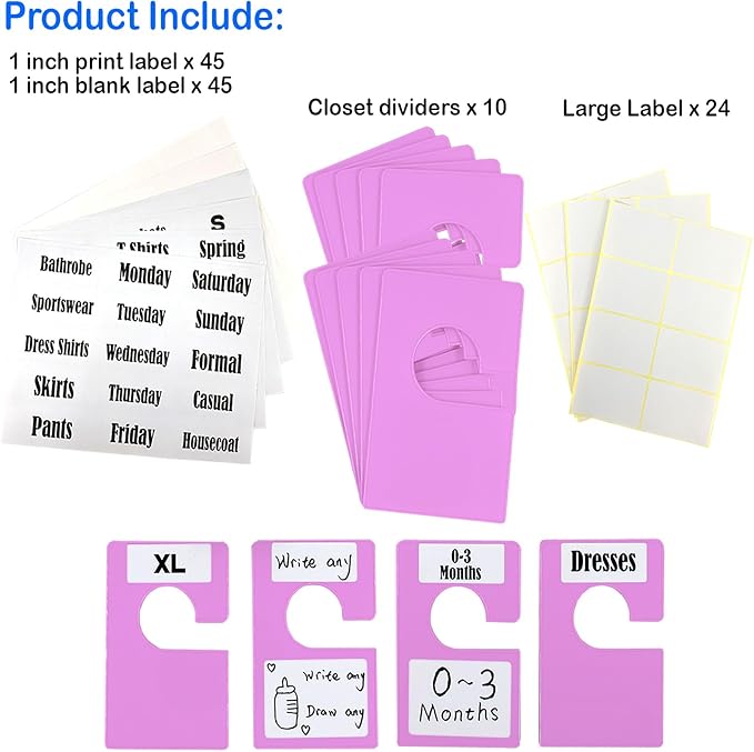 10 Pack White Clothing Rack Size Dividers Plus 45 Labels (1 Inch) and 18 Large Blank Labels, Large Rectangular Clothing Closet Dividers (Purple)