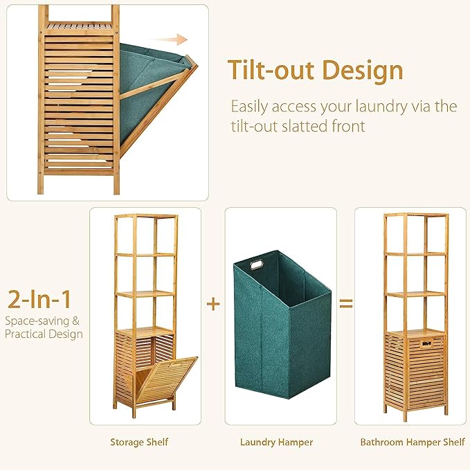Byroce Bamboo Tilt Out Laundry Hamper with Shelves, 4-Tier Storage Shelf with Removable Laundry Basket & Handle, Tower Hamper Cabinet Organizer for Bathroom, Bedroom, Laundry Room, Living Room