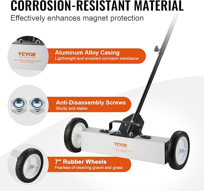 VEVOR 45Lbs Rolling Magnetic Sweeper with Wheels, Push-Type Magnetic Pick Up Sweeper, 18-inch Large Magnet Pickup Lawn Sweeper, Magnet with Telescoping Handle, Easy Cleanup of Workshop Garage Yard