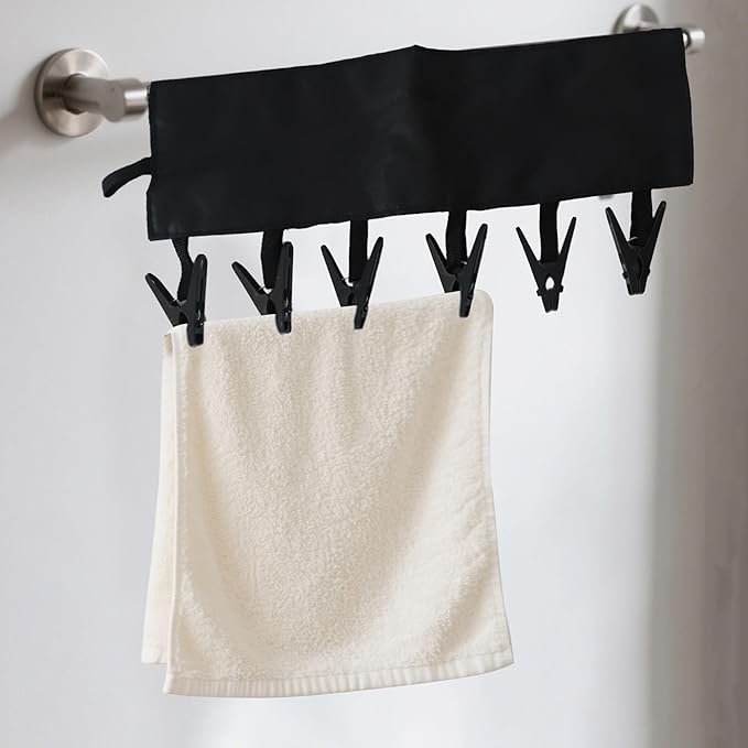 Mini Clothespins Travel Hangers 3-Pack: Foldable Portable Clothes Hangers w/ 6 Clips for Swimsuit, Towel & Sock Drying Rack - Cruise, Dorms, Travel (Black, Blue, Red)