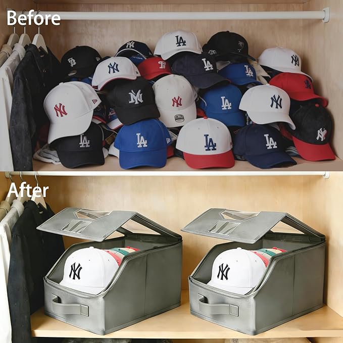 2 Pcs Stackable Baseball Cap Organizer, Washable Foldable Odorless Oxford Cloth with Smooth Durable Metal Zipper, Clear Window Holds 24 Caps, Hat Box for Closet/Home (Grey, Large 15.8×8.7×6.7 inches)