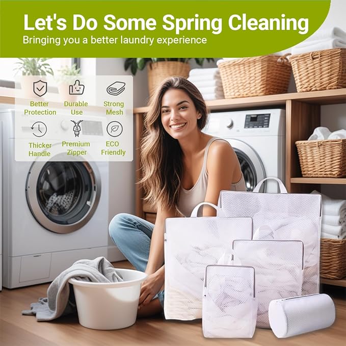 5-Size Mesh Laundry Bags with Handles for Delicates, Honeycomb Wash Bags for Bras/Sweaters/Bedding, Hidden Zipper Garment Protector