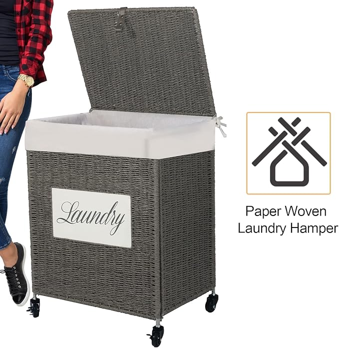 Mxfurhawa Laundry Basket, Heavy Duty Cotton Liner Laundry Storage Hamper with Handles, Collapsible Clothes Wire Basket Organizer Laundry Bag (2PCS-89GY-H)