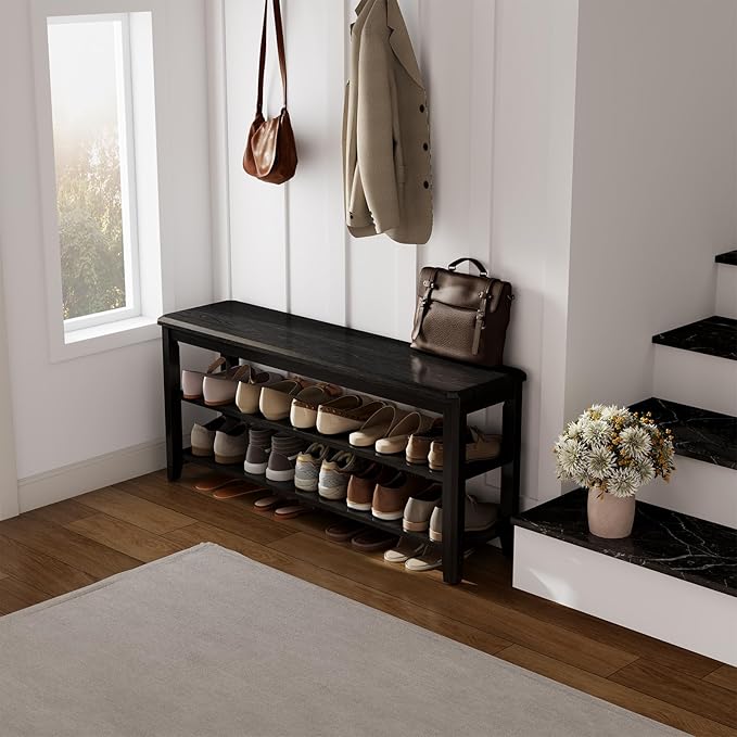AQIMUELE Wood Shoe Rack Bench for Entryway, 2 Tier Shoe Rack for Front Door Entrance, Shoe Bench with Shoe Storage for Entryway, Bedroom, 47.2"