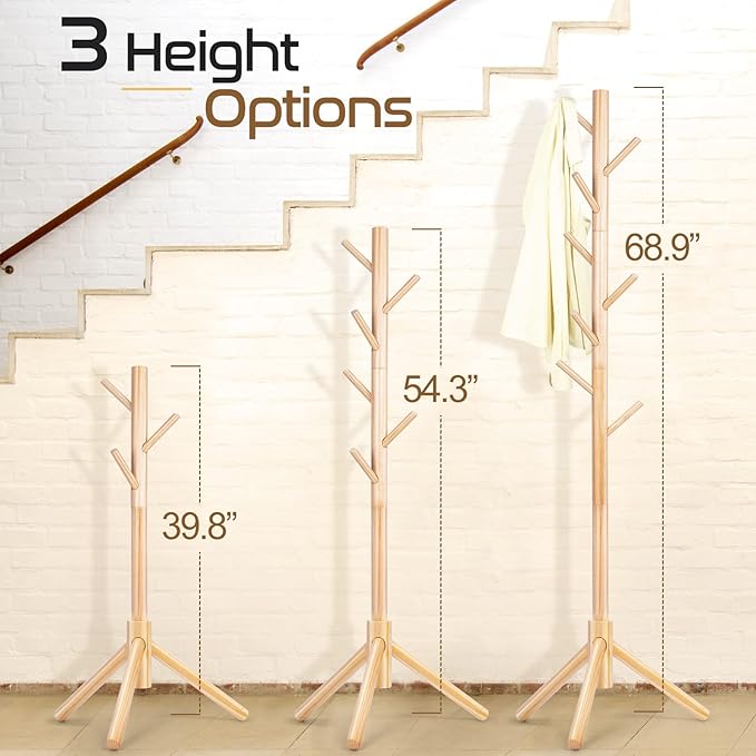 Solid Wooden Coat Rack Freestanding, New Zealand Pine Coat Tree with 8 Hooks & 3 Adjustable Sizes for Coats, Hats, Handbags and Scarves, Space Saving for Entryway/Office/Bedroom (Nature)