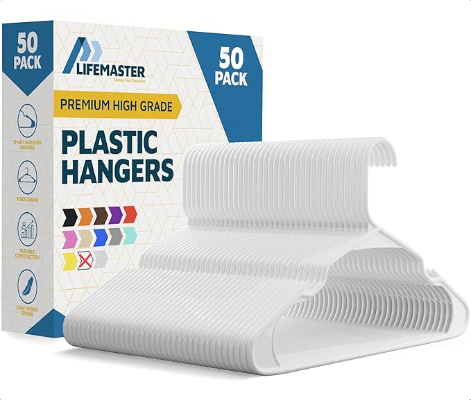 LifeMaster 50 Pcs. Lightweight White Plastic Clothes Hangers Set with Smart Shoulder Grooves - Space-Saving, Non-Slip, Durable Coat Hangers for Organized Closets
