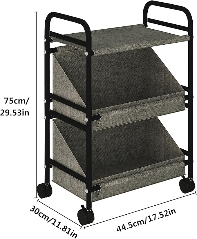 Buzowruil Utility Rolling Fabric Storage Rack Trolley Toy Rack Trolley with 2 Large Storage Boxes,Wheels, Suitable for Bedroom, Living Room, Entryway, Grey