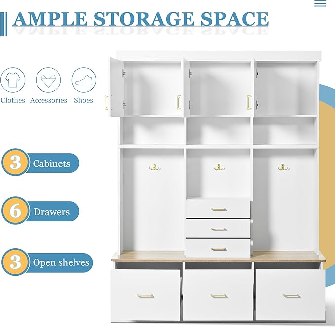 Modern 58'' Wide Hall Tree with Bench and Storage, 5-in-1 Wood Hall Tree with Coat Rack, 6 Drawers, 3 Cabinets and 3-Tier Top Storage for Hallway, Entryway, Living Room, Mudroom (White-10.15)