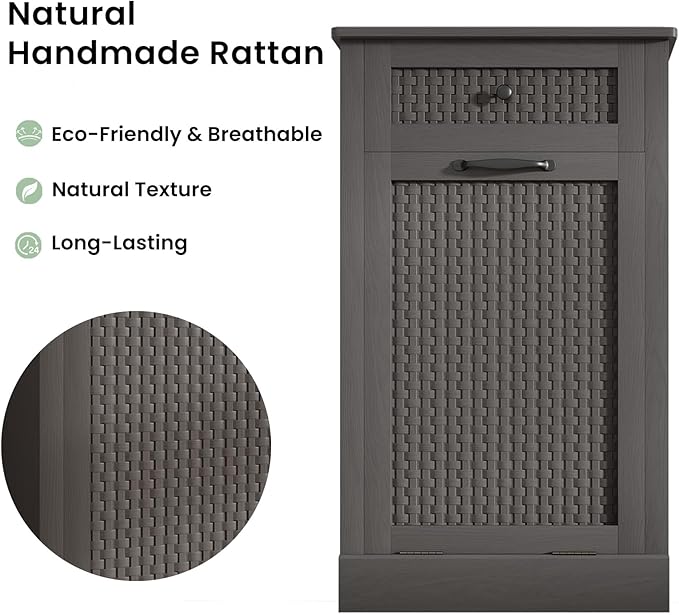Tilt Out Laundry Hamper Cabinet, Rattan-Style Laundry Room Organization with Removable Laundry Basket, Hidden Wood Dirty Clothes Hamper with Drawer, 21.6" L x 13" W x 35.8" H, Gray