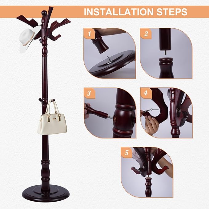 73”Vintage Wooden Coat Rack，With 14 Hooks and Sturdy Round Base.Sturdy and Durable Standing Coat Racks，Adjustable Wooden Freestanding Coat Rack for Porch，Bedrooms (Mahogany) (Flying Swallow, 1 PCS)