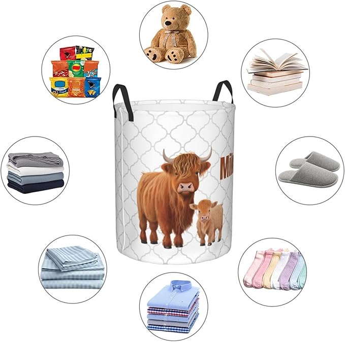 Personalized Laundry Basket for Nursery, Custom Nursery Laundry Hamper with Name, Customize Baby Clothes Circular Hamper for Boys Girls Room Decor, Highland Cow