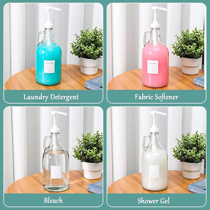 64 OZ Laundry Detergent Dispenser by VEGEVIGI, Glass,Glass Liquid Laundry Soap Dispenser with Pump, Bleach and Fabric Softener Dispenser for Laundry Room, 1P
