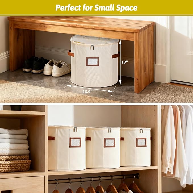 Shoe Organizer Round for Closet - Foldable Shoe Storage Bin with Clear Lid, Compact Zapateras Sandals Tall Boots Organizer Box for Mudroom Small Spaces Under Bed - 16.9"×13"