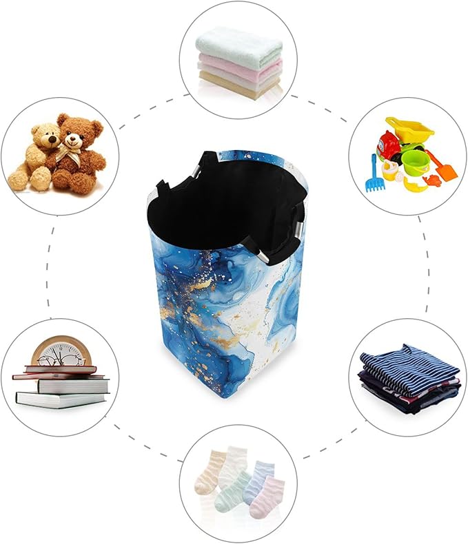 xigua Blue Marble Large Laundry Hamper with Handle, Foldable Clothes Hamper Collapsible Storage Basket for Toys and Clothes Organization in Bedroom, Bathroom, and Laundry Room