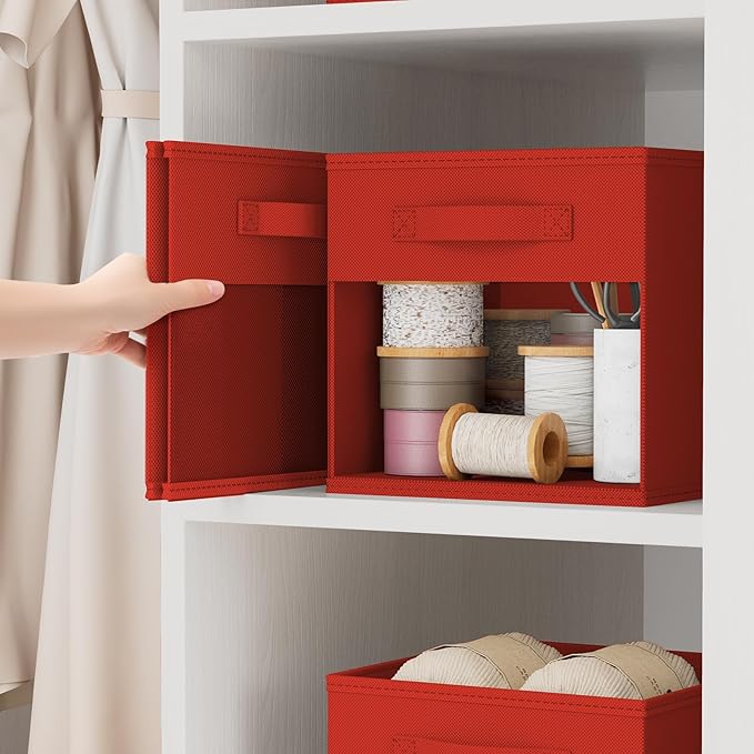 DIMJ Cube Bins, 12.2-Inch Storage Bins Cubes with Window, 6 Packs Collapsible Storage Bins with Handles, Closet Storage Baskets for Organizing Living Room, Office, 6 Pack,Red