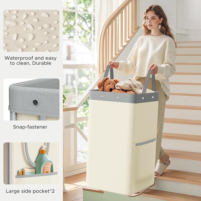 JYPS Laundry Basket With Wheels, 150L Large Rolling Hamper W/Metal Frame & Removable Bag, Waterproof Oxford Fabric, 2 Side Bags, Dirty Clothes Storage Cart For Laundry Room, Dorm, Bedroom, Bathroom
