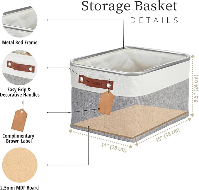 DECOMOMO Storage Baskets for Shelves - Fabric Storage Bins, Linen Closet Organizers and Storage (Grey & White, Large - 3 Pack)