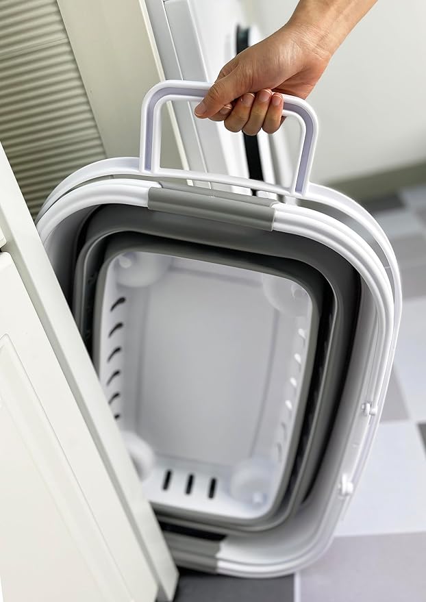 SAMMART 35L (9.24 Gallons) Collapsible Plastic Laundry Basket with Handle and Wheels - Foldable Pop Up Storage Container/Organizer with handle and wheels - Space Saving (2, White/Grey)