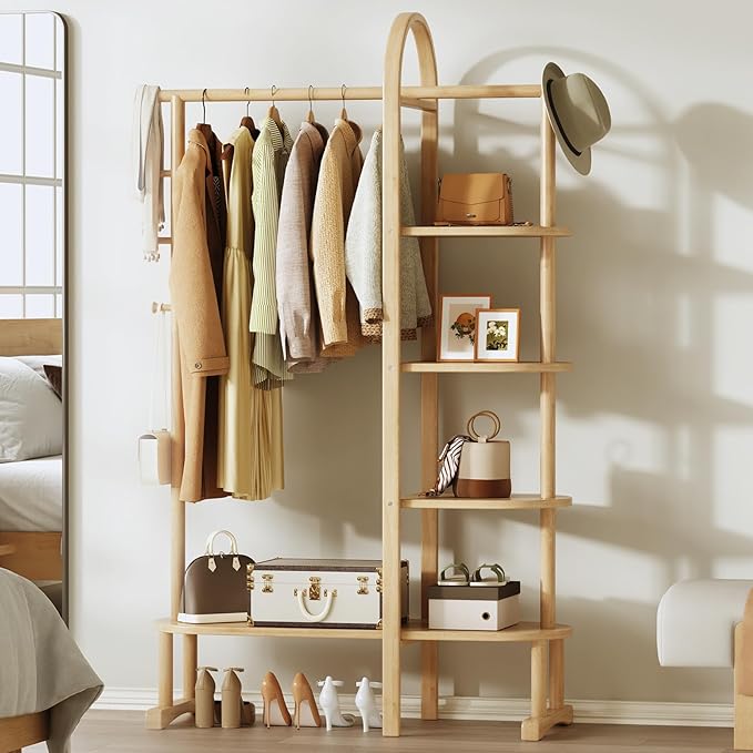 Solid Wood Clothing Rack with 4 Shelves Storage and 5 Wooden Hooks Clothes Rack,Multi-functional Coat Rack for Clothes, Shoes, Bags, Coat rack for Bedroom Entryway Living Room Hotel,Burlywood