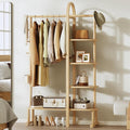 Solid Wood Clothing Rack with 4 Shelves Storage and 5 Wooden Hooks Clothes Rack,Multi-functional Coat Rack for Clothes, Shoes, Bags, Coat rack for Bedroom Entryway Living Room Hotel,Burlywood