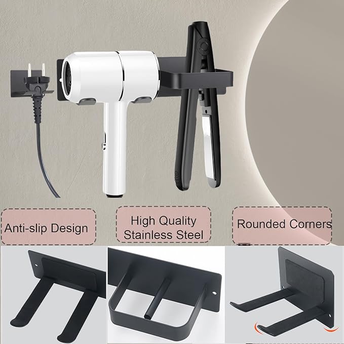 Hair Dryer Holder, Hairdryer Station Accessories Wall Mounted, Straightener Holder, Bathroom Hair Styling Care Tool Organizer, Multi-Functional Space Storage Bracket