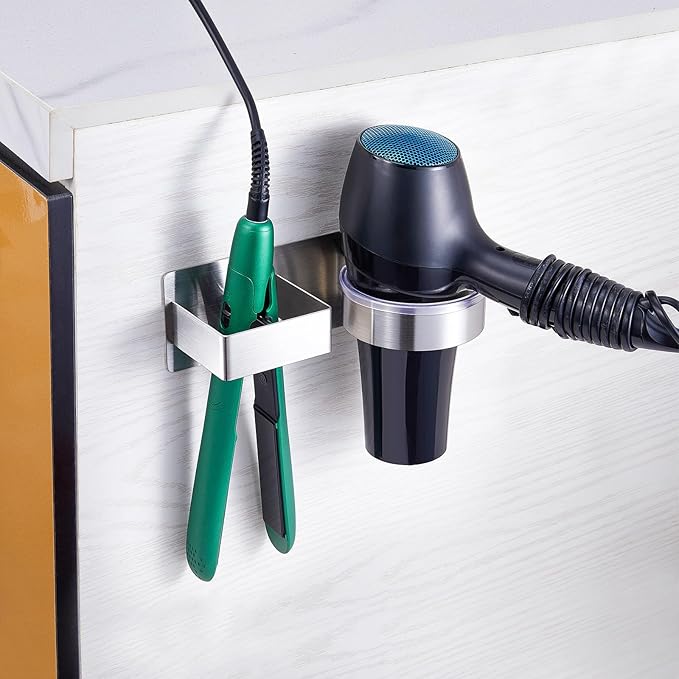 Hair Dryer Holder Wall Mount, Stainless Steel Straightener Holder, Adhesive Blow Dryer Holder and Curling Iron Holder Storage, Hair Tools Organizer for Bathroom Barber Shop Hotel
