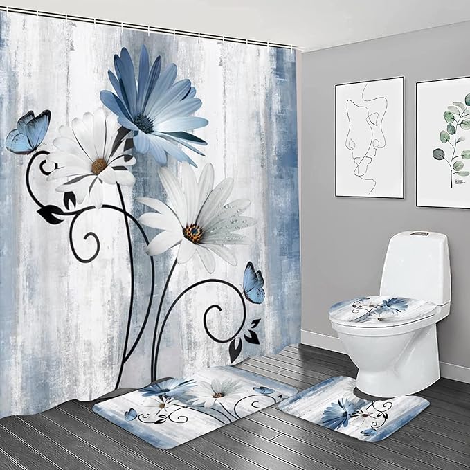 4PCS Rustic Blue Flower Farmhouse Shower Curtain Set,Waterproof Blue Daisy Floral Bathroom Decor Accessory Set