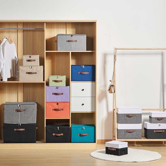 Storage Boxes with Zipper Lid Cotton Linen Fabric Lidded Storage Bins Baskets Foldable Washable Closet Shelf Clothes Organizer Container Faux Leather Handles (Black White, Small)