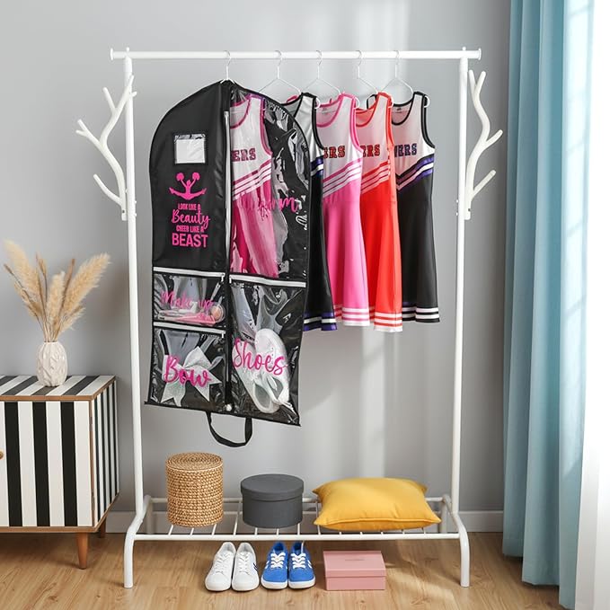 DEEKA Cheer Garment Bag for Hanging Clothes with Zipper Pockets Cheer Accessories Mom Essentials Uniform Costume 40 Inch Black Bags Stuff for Cheerleading Girls (Black,Hot Pink-Cheer Quote)